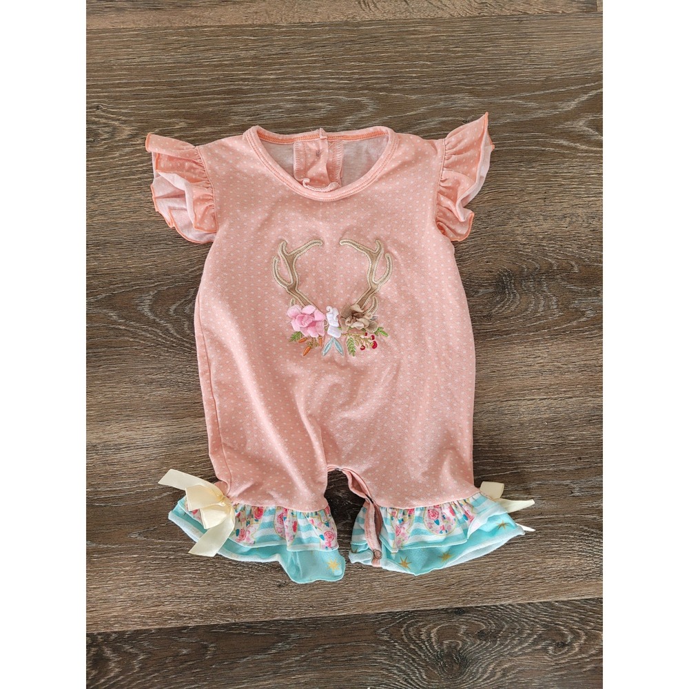 Floral Deer Antler Ruffle Romper Outfit, Baby Girl Clothes, 6-12 Months #3